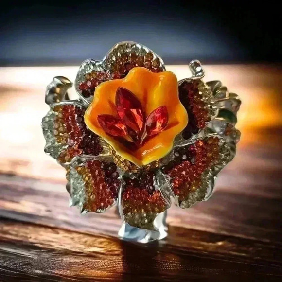 Statement Piece Bold Hinged Bracelet Orchid Flower Orange Red Pave' Crystals.... - Picture 1 of 11